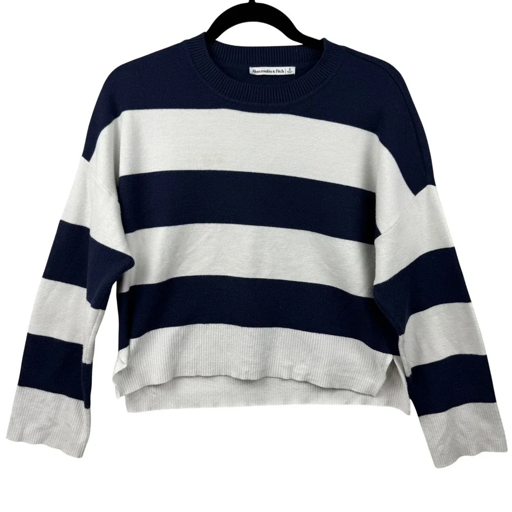Abercrombie & Fitch Striped Sweater Womens Small Navy White Cropped Nautical - Picture 9 of 13